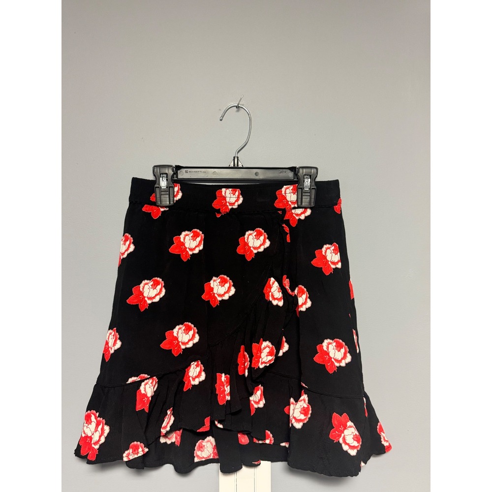 Ganni Harley Crepe Mini Skirt Black‎ Red Floral Ruffle Wrap Front EUR 34 US 2/XS